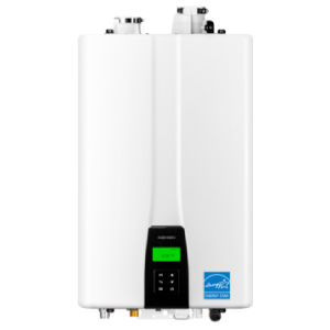 A tankless water heater with a technician working on it